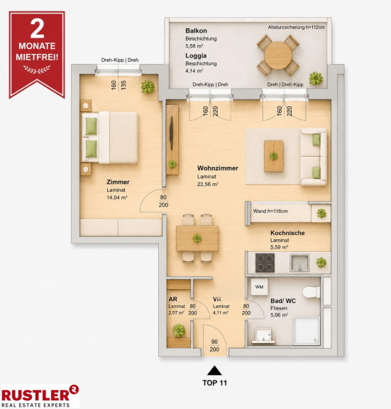 Wohnung - 8020, Graz - 2 MONATE MIETFREI! Helle 2-Zimmerwohnung mit sonniger Loggia und Balkon