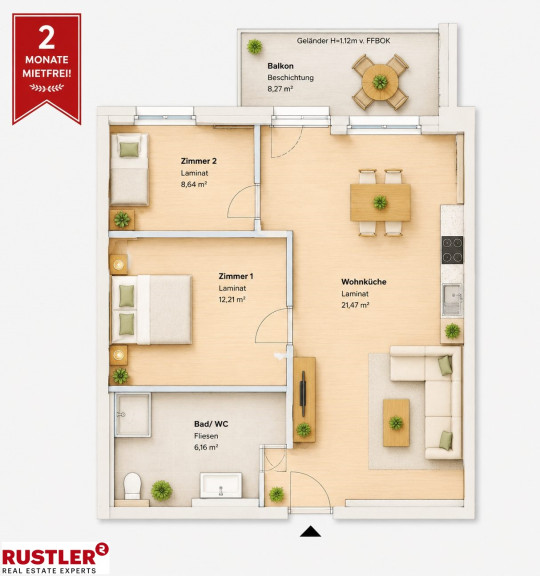 Wohnung - 8020, Graz - 2 MONATE MIETFREI! 2-Zimmer-Wohnung mit sonnigem Balkon