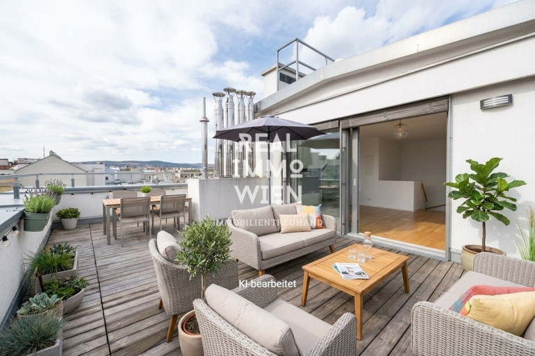 Wohnung - 1090, Wien - Exklusive 4-Zi-Dachgeschosswohnung mit 35 m² Terrasse & Balkon - Optional zwei Stapelgaragen-Stellplätze