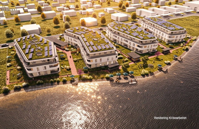 Wohnung - 2821, Lanzenkirchen - Von Wohnküche mit Terrasse freien Blick auf See + Golfplatz