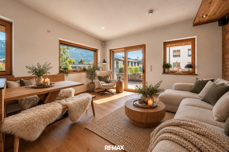 Wohnung - 6372, Oberndorf in Tirol - Alpines Wohnjuwel in Bestlage – Großzügiger Terrassenbalkon mit Blick auf das Kitzbüheler Horn