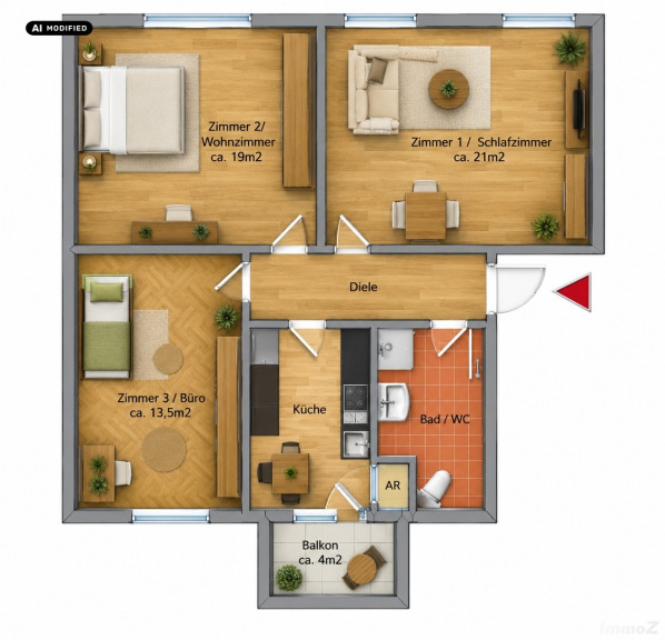 Wohnung - 8010, Graz - Ab 1.12.2026 / UNI-Nähe: 3-Zimmer Wohnung, sehr gute Raumaufteilung, alle Zimmer sind separiert begehbar